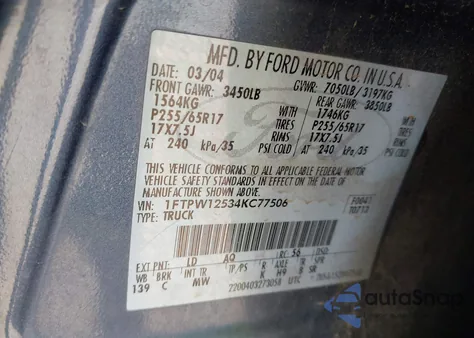 2004 Ford F-150 Lariat/Xlt из США, поврежденный, VIN 1FTPW12534KC77506